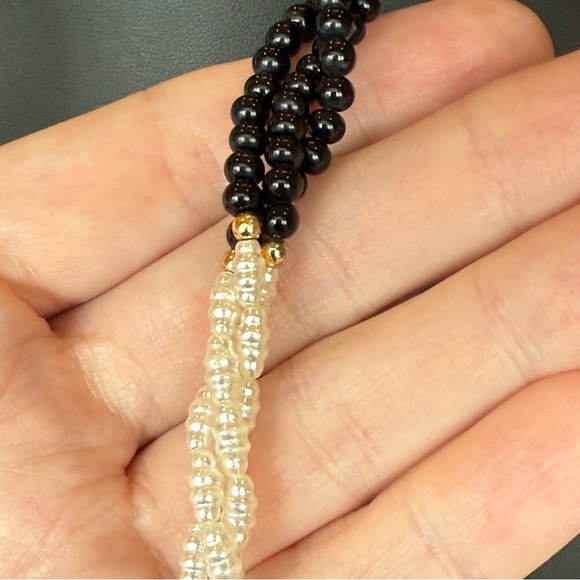 Vintage Black Beads & Faux Pearl Long Opera Length Classic Style Necklace - Picture 2 of 4